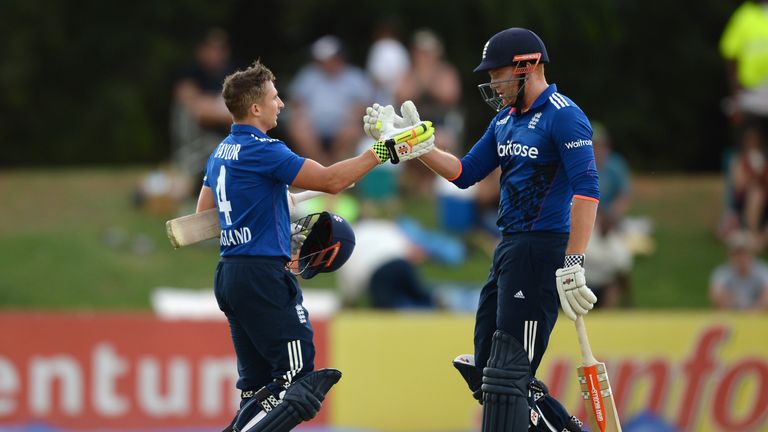 KIMBERLEY, SOUTH AFRICA - JANUARY 30:  James Taylor of England celebrates reaching his century with Jonathan Bairstow during the One Day Tour Match between