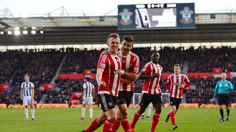 James Ward-Prowse of Southampton celebrates scoring his team's second goal with his team mate 