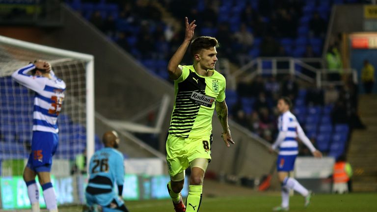 Jamie Paterson of Huddersfield celebrates scoring the opening goal against Reading in the FA Cup third round replay