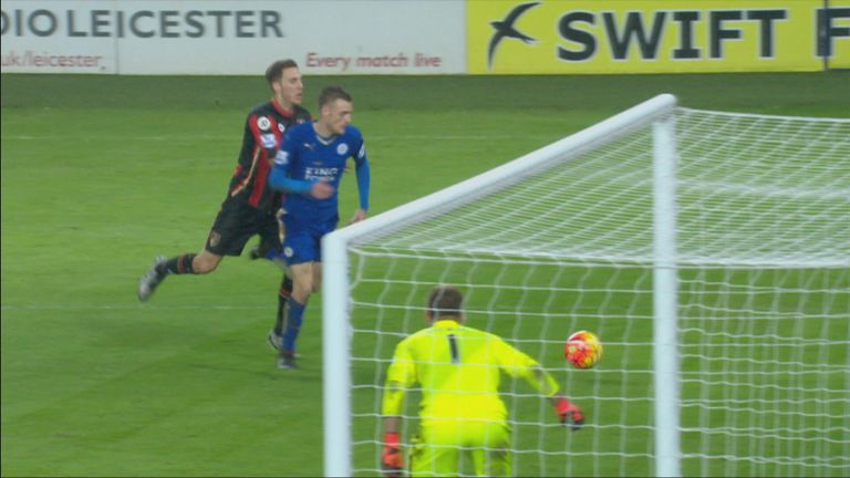 Vardy's (Leicester) penalty appeal is waved away after a collision with Dan Gosling (Bournemouth)