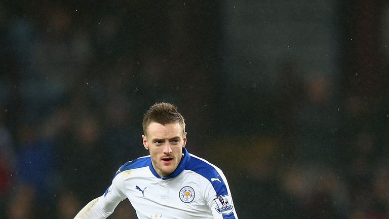 Jamie Vardy of Leicester City in action during the Premier League match with Aston Villa