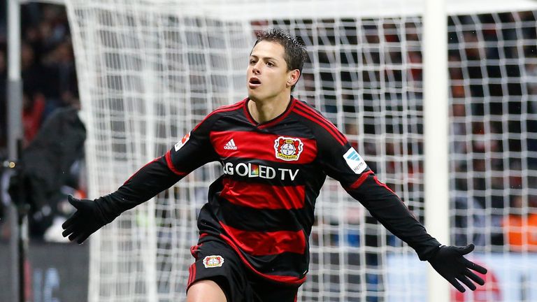 LEVERKUSEN, GERMANY - JANUARY 30:  Javier Hernandez Chicharito of Leverkusen celebrates scoring the 3:0 during 