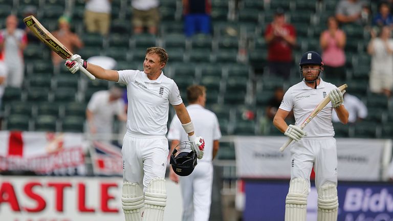 Joe Root celebrates reaching his century during day two of the third Test