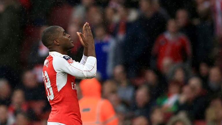 Arsenal's Joel Campbell celebrates scoring their first goal of the game during the Emirates FA Cup, third round game at the Emirates Stadium, London.