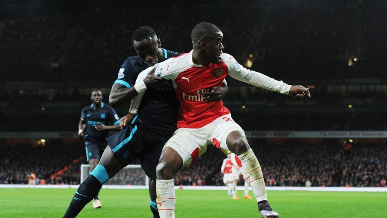 Joel Campbell in action against Manchester City at the Emirates Stadium