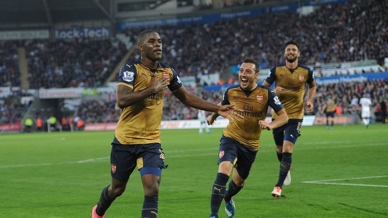 Joel Campbell celebrates after scoring his first Arsenal goal against Swansea