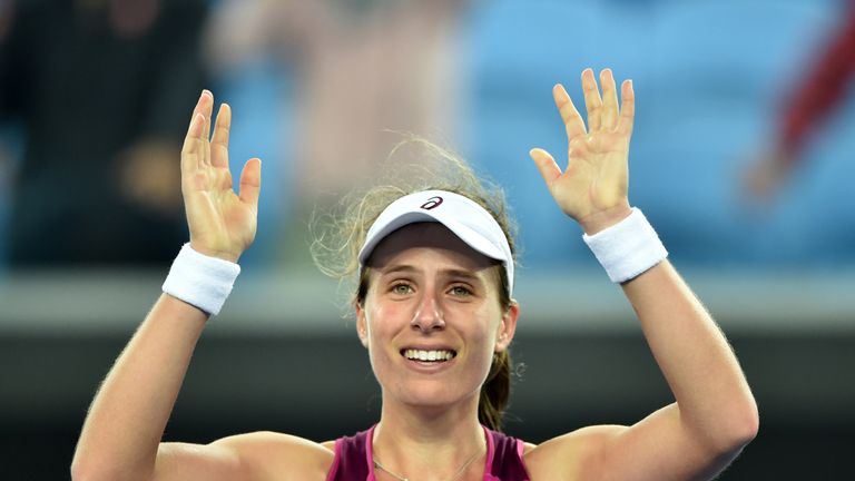 Britain's Johanna Konta celebrates after victory in her women's singles match against Russia's Ekaterina Makarova  on day eight of the 2016 Australian Open