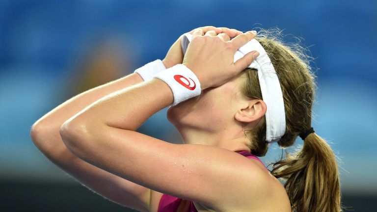 Britain's Johanna Konta celebrates after victory in her women's singles match against Russia's Ekaterina Makarova 