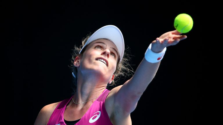Johanna Konta of Great Britain serves in her quarter final match against Shuai Zhang of China