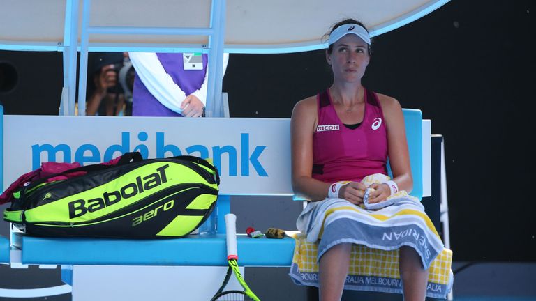 Johanna Konta of Great Britain looks on in her semi final match against Angelique Kerber
