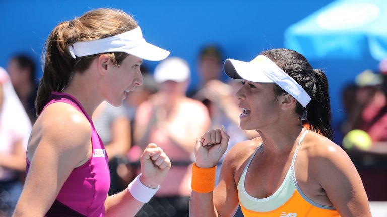 Johanna Konta and Heather Watson of Great Britain celebrate in their first round match against Gabriela Dabrowski of Canada and Alicja Rosolska of Poland