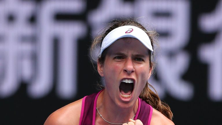 Johanna Konta celebrates victory in her Australian Open quarter-final against Shuai Zhang