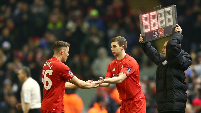 Jon Flanagan of Liverpool (c) makes his long-awaited return from injury, replacing Connor Randall during the FA Cup third round replay against Exeter