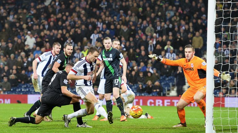 Jonny Evans scores West Bromwich Albion's winning goal during the Barclays Premier League match against Stoke City to make it 2-1.