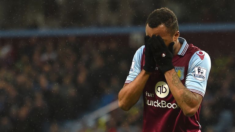 Jordan Ayew reacts after missing a shot on goal during the Premier League match between Aston Villa and Crystal Palace