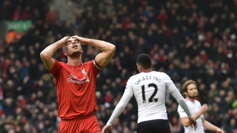 Jordan Henderson of Liverpool reacts during the Barclays Premier League match between Liverpool and Manchester United at Anfield on January 16