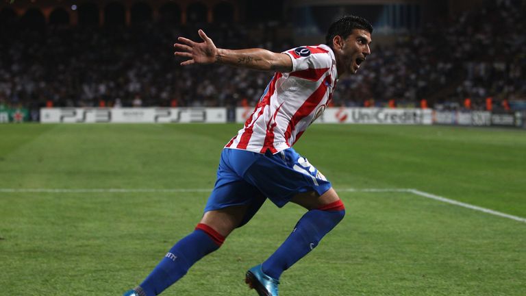 Jose Antonio Reyes of Atletico Madrid celebrates scoring the opening goal during the 2010 UEFA Super Cup win over Inter Milan in Monaco