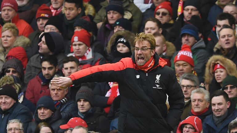 Liverpool manager Jurgen Klopp urges his side on against Manchester United at Anfield