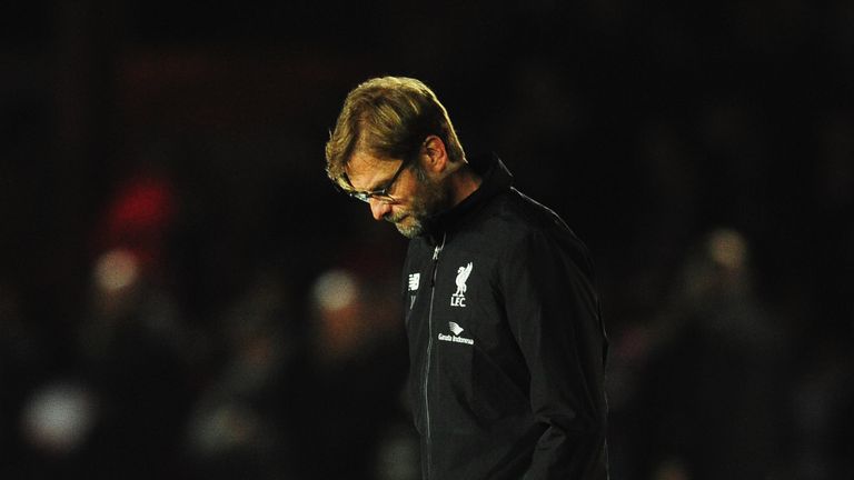 Jurgen Klopp manager of Liverpool looks thoughtful prior to the FA Cup third round match against Exeter City at St James Park on January 8, 2016