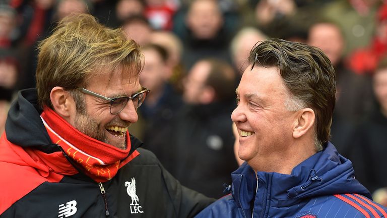 Former Bundesliga rivals Jurgen Klopp and Louis van Gaal share a joke before Liverpool's Premier League clash with Manchester United