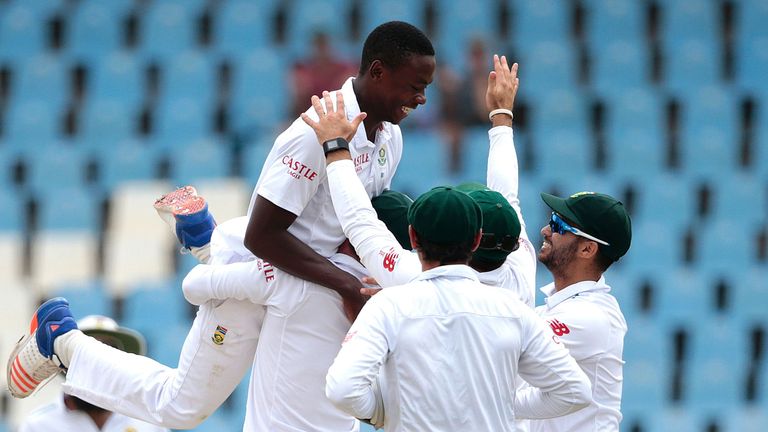 Kagiso Rabada celebrates taking the wicket of Jonny Bairstow