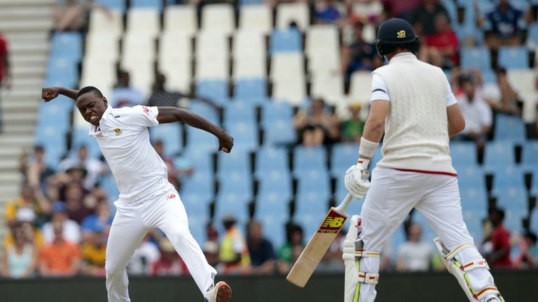 Kagiso Rabada celebrates the dismissal of Joe Root 