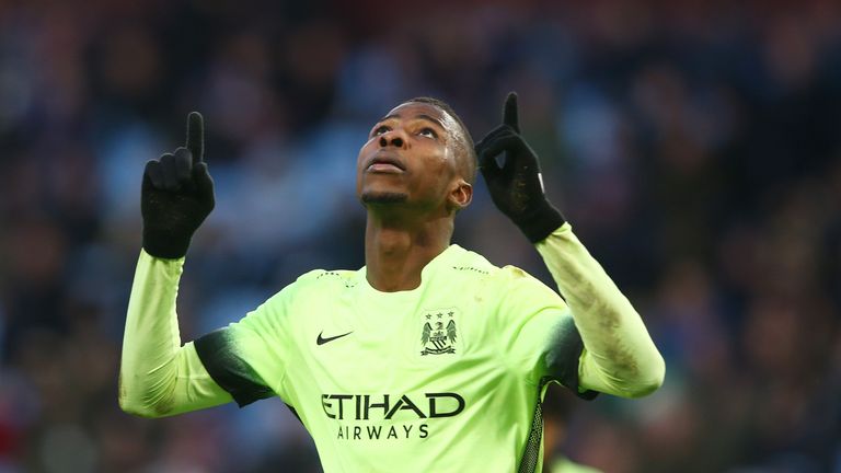 Kelechi Iheanacho of Manchester City celebrates scoring his team's fourth and hat trick goal during the FA Cup match against Aston Villa