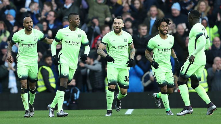 Manchester City's Kelechi Iheanacho (2nd L) celebrates after scoring his team's first goal during the FA Cup fourth round match against Aston Villa