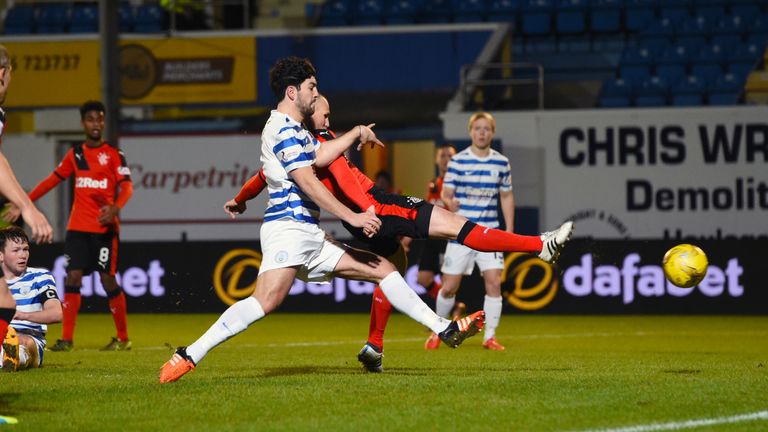 Rangers striker Kenny Miller (centre) scores away to Greenock Morton