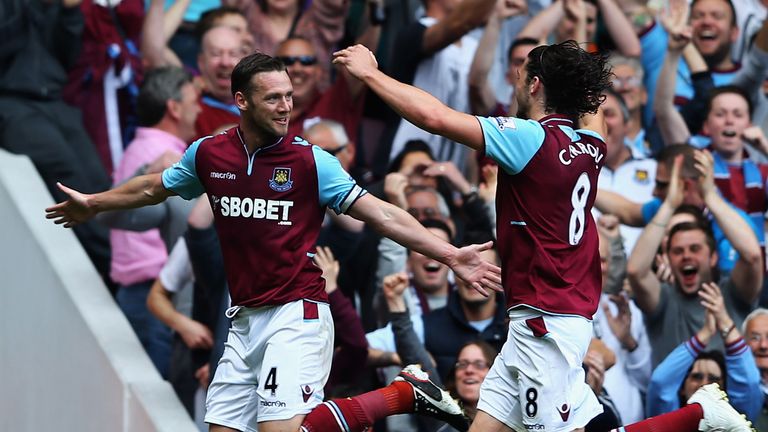 Kevin Nolan celebrates his goal with Andy Carroll during West Ham's win over Reading in May 2013