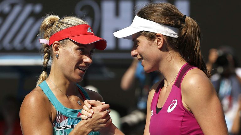 Germany's Angelique Kerber and Britain's Johanna Konta shake hands after Kerber won their semi-final match at the Australian Open tennis tournament at Melbourne Park