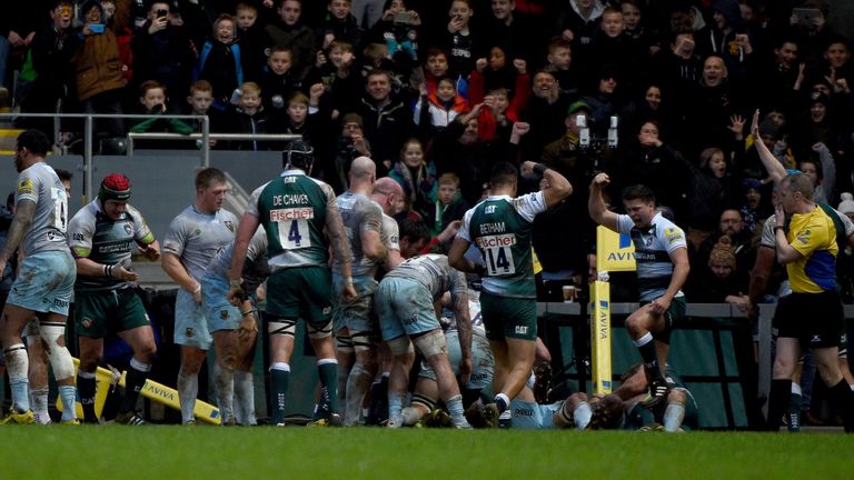 Lachlan McCaffrey of Leicester Tigers goes over for their second try against Northampton