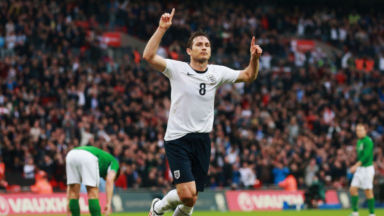  Frank Lampard of England celebrates scoring his team's first goal to make the score 1-1 during the International Friendly match 
