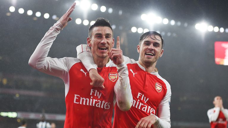 Laurent Koscielny celebrates after scoring for Arsenal against Newcastle