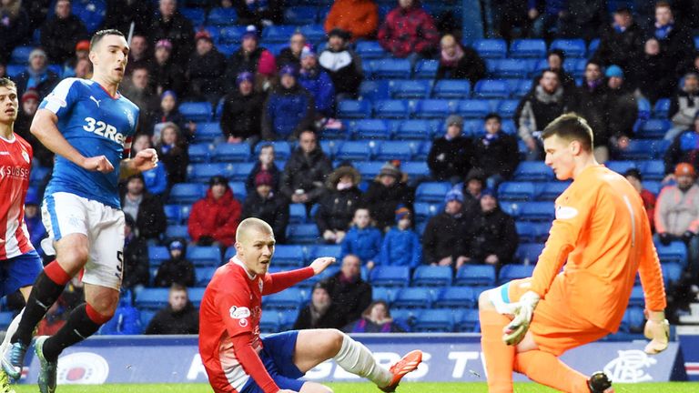 Lee Wallace opens the scoring for Rangers against Cowdenbeath at Ibrox