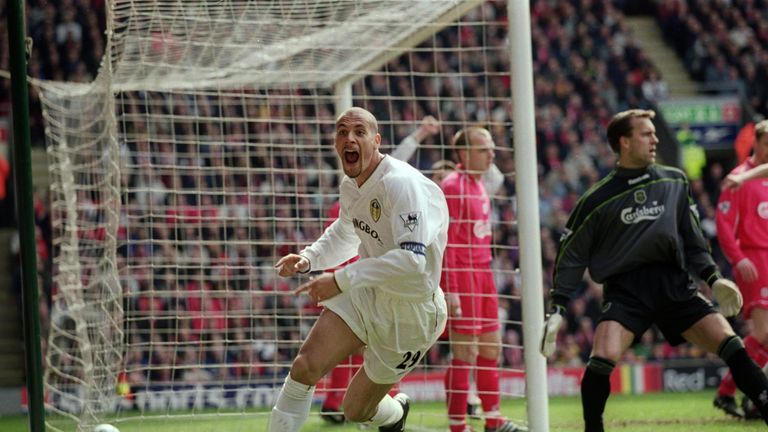 Rio Ferdinand of Leeds United celebrates opening the scoring during the FA Carling Premiership match against Liverpool played at Anfield in 2001