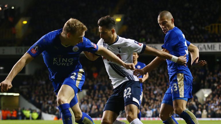 Nacer Chadli looks for a way through Leicester's defence