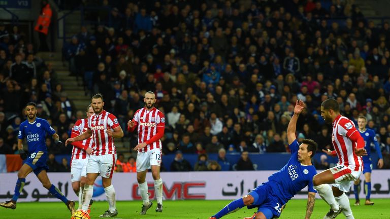 Leonardo Ulloa scores Leicester's third goal to seal victory against Stoke