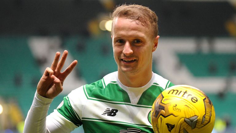 Celtic's Leigh Griffiths at the end of the match with the ball after scoring a hat-trick 
