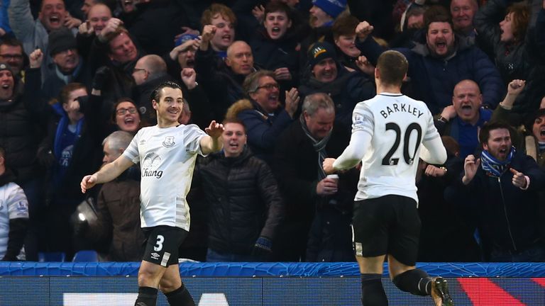 Leighton Baines and Ross Barkley of Everton celebrates their team's first goal scored by John Terry of Chelsea 