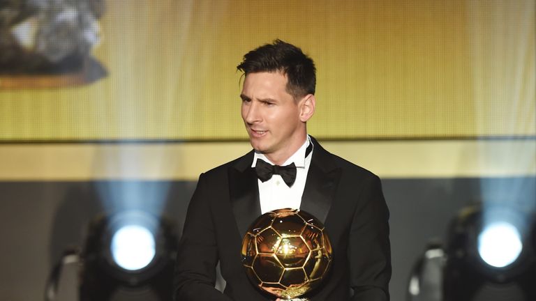 Lionel Messi of Argentina and Barcelona receives the Ballon d'Or award during the FIFA Ballon d'Or Gala 2015 at the Kongresshaus, Zurich