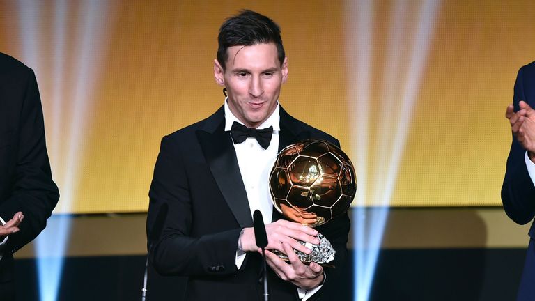 Barcelona's Lionel Messi delivers a speech after receiving the 2015 FIFA Ballon dOr award for player of the year