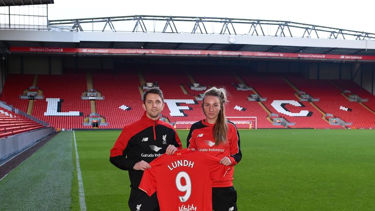 Liverpool Ladies manager Scott Rogers and new signing Emma Lundh at Anfield (picture courtesy of Liverpool Ladies)