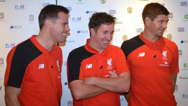 Liverpool Legends Steven Gerrard (R) Jamie Carragher (L) and Robbie Fowler (C)
