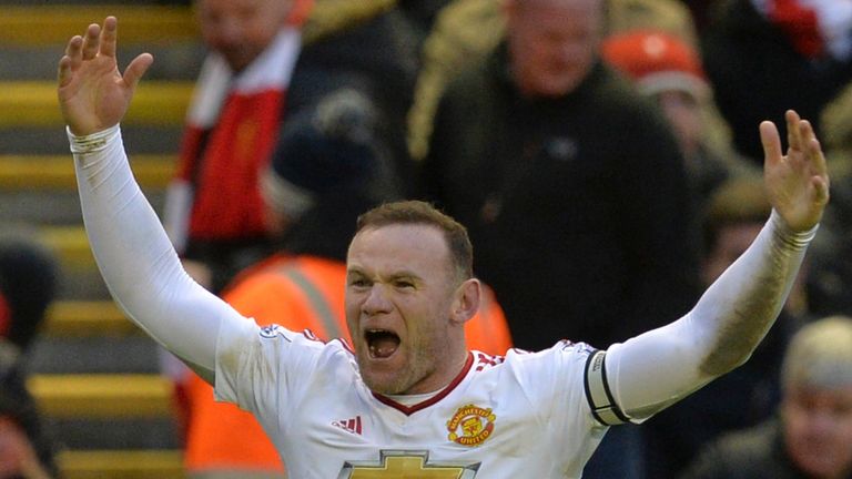 Wayne Rooney celebrates after scoring for Manchester United against Liverpool
