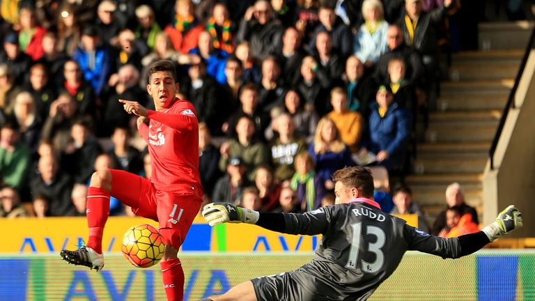 Roberto Firmino scores Liverpool's first goal past Norwich goalkeeper Declan Rudd
