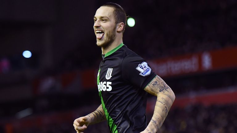  Marko Arnautovic celebrates after scoring the opening goal of the game against Liverpool