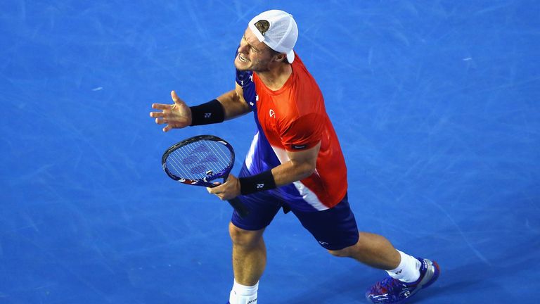 Lleyton Hewitt of Australia reacts after losing a point in his second round match against David Ferrer