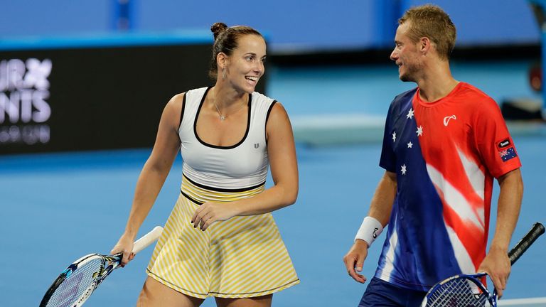 Jarmila Wolfe and Lleyton Hewitt of Australia Gold talk tactics in the mixed doubles match against Elina Svitolina and Alex Dolgopolov