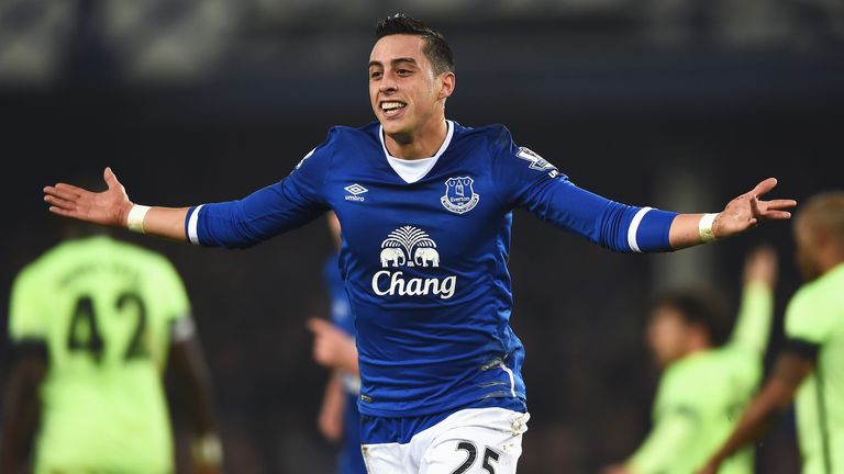 Ramiro Funes Mori celebrates after opening the scoring for Everton in the Capital One Cup semi-final first leg against Man City